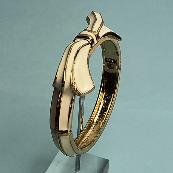 RIBBON BOW Enamel Shape Hinged Bangle Bracelet White Gold Plated - Picture 4 of 9